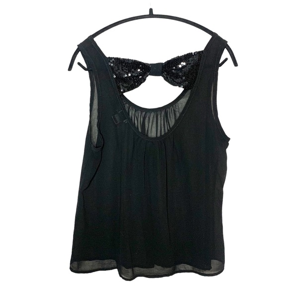 Wet Seal Black Sequin Bow Back Chiffon Tank Top Blouse Size Medium - Picture 2 of 4